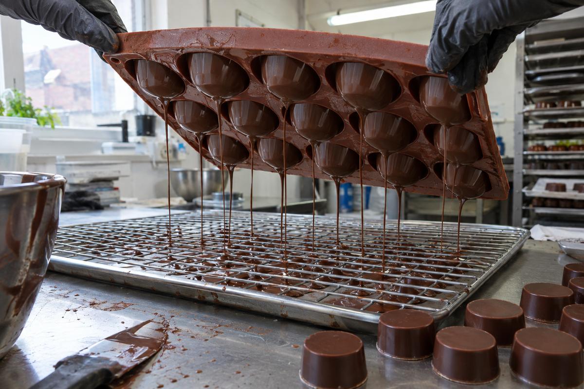 Inverted silicone bonbon mould draining chocolate beside finished bonbons