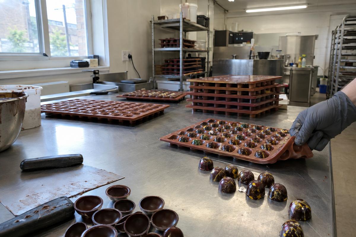 Bonbon trays spaced for scraping and flex release on workbench