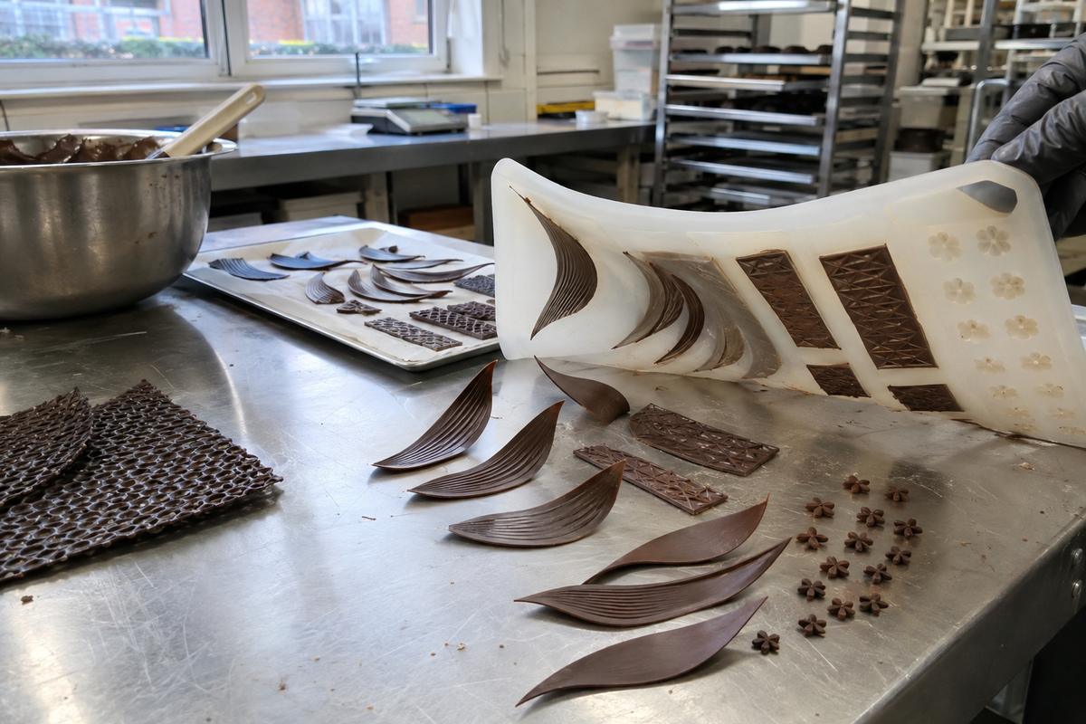 Flexible silicone mould peeling away from thin chocolate plaques and toppers