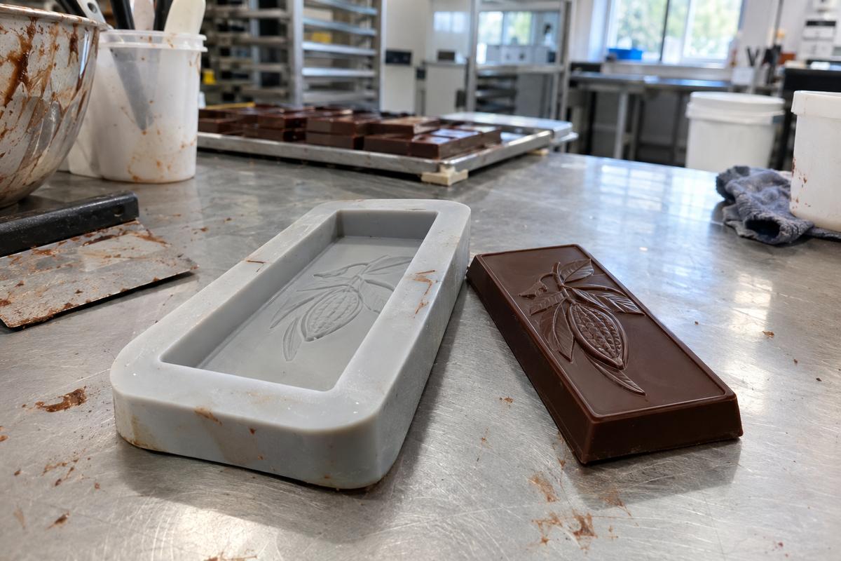 Single bar silicone mould with moulded emblem detail beside finished chocolate bar