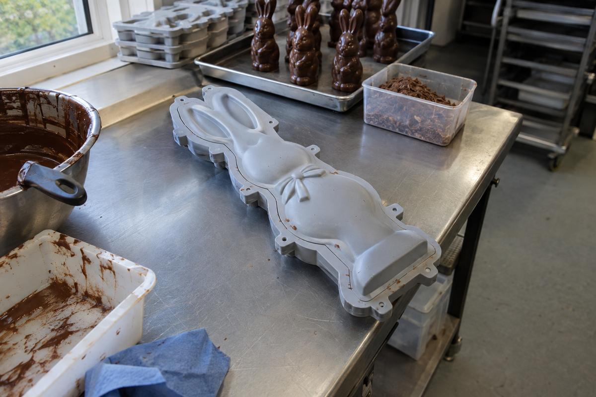 Closed two-part silicone mould with registration keys for hollow chocolate figure