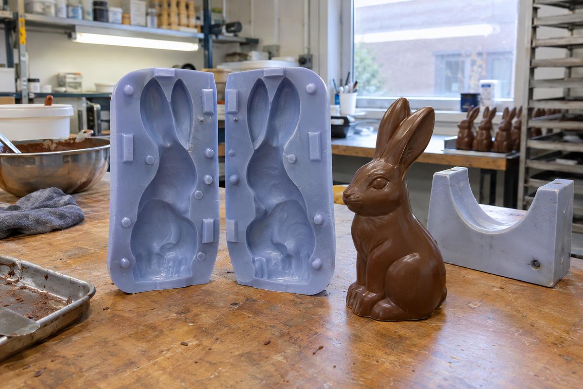 Two-part bunny mould halves with registration keys beside finished hollow bunny