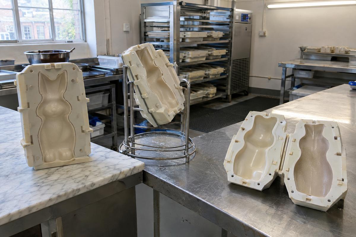 Hollow figure moulds arranged for chilling, closing, rotating and finish comparison