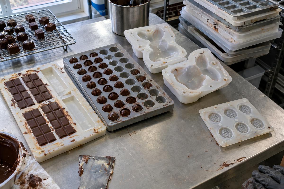 Assorted silicone chocolate moulds for bars, pralines, figures and logos
