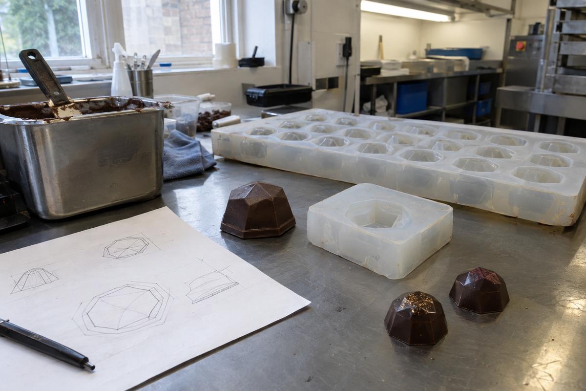 Proof cavity, master pattern and finished silicone chocolate tray on workshop bench