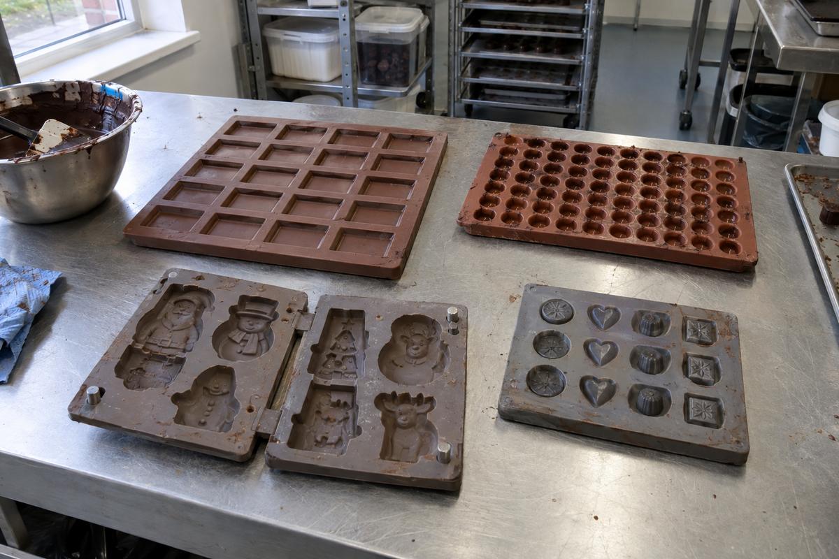 Four silicone chocolate mould formats for tablets, pralines, figures and logos