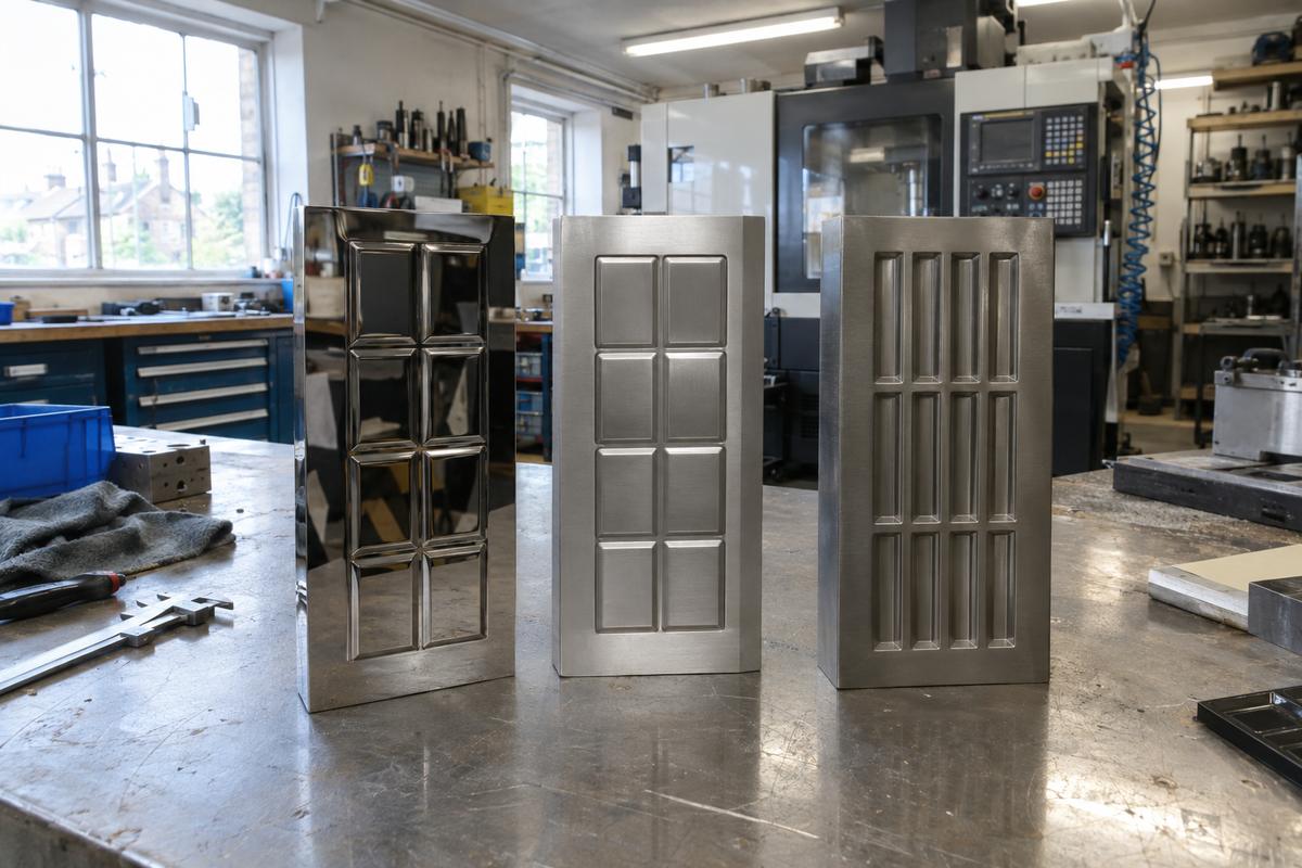 Machined food masters showing straight edges and different polished surface finishes