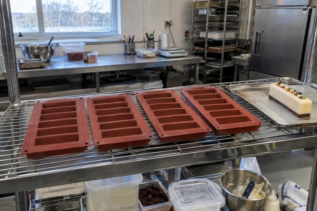 Matching entremet mould trays set out for consistent dessert production