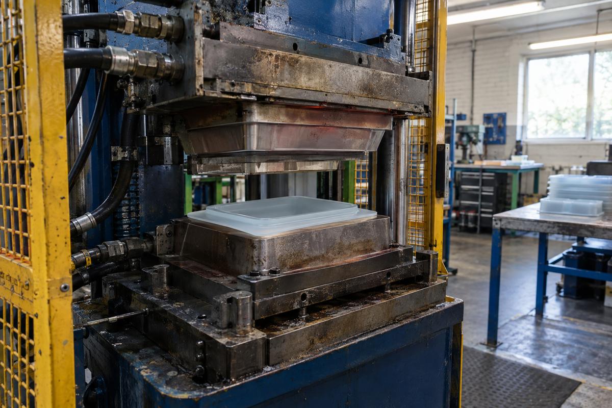 Open compression tool in press with silicone ready for tray forming