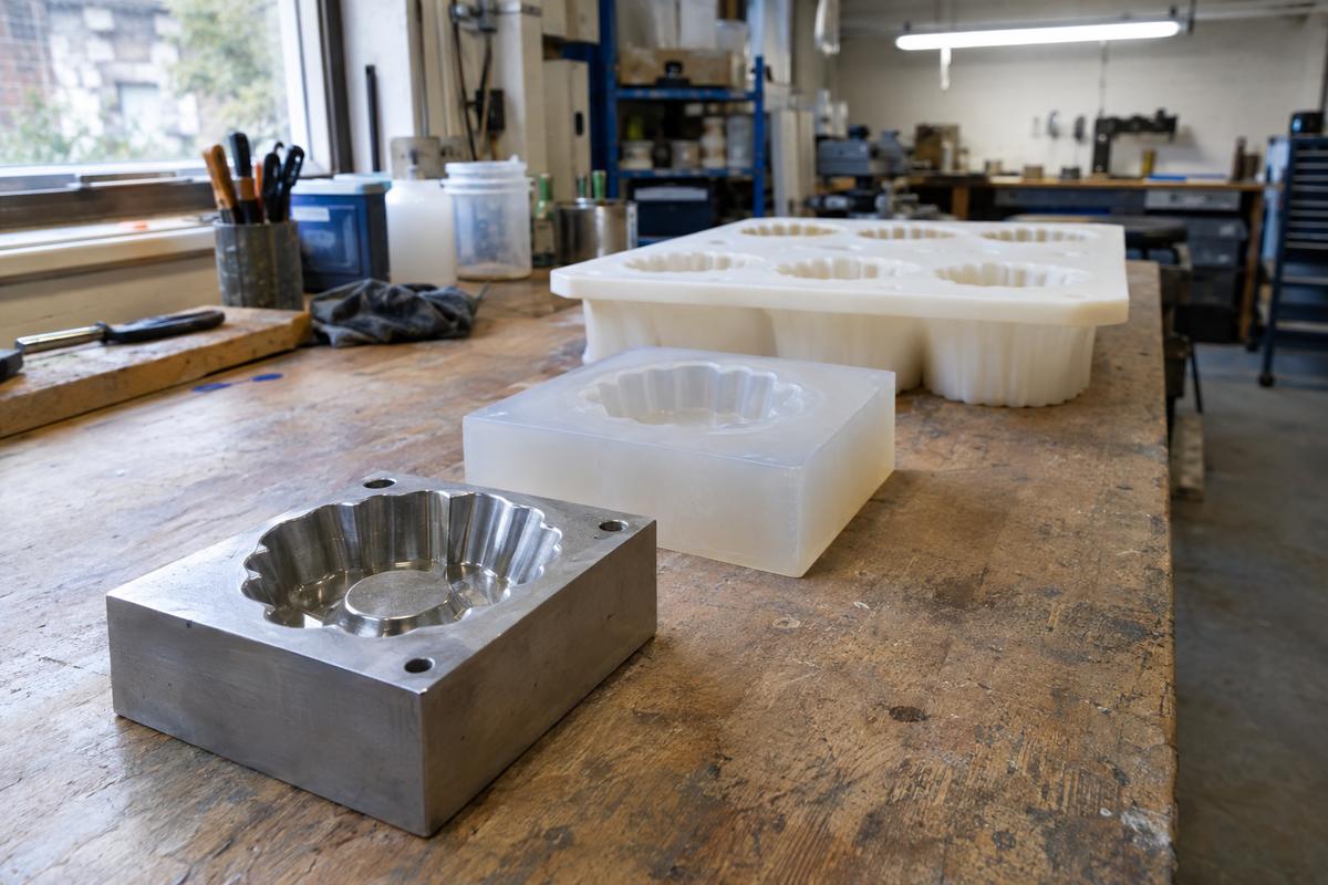 Master, proof cavity and finished silicone tray shown in development sequence