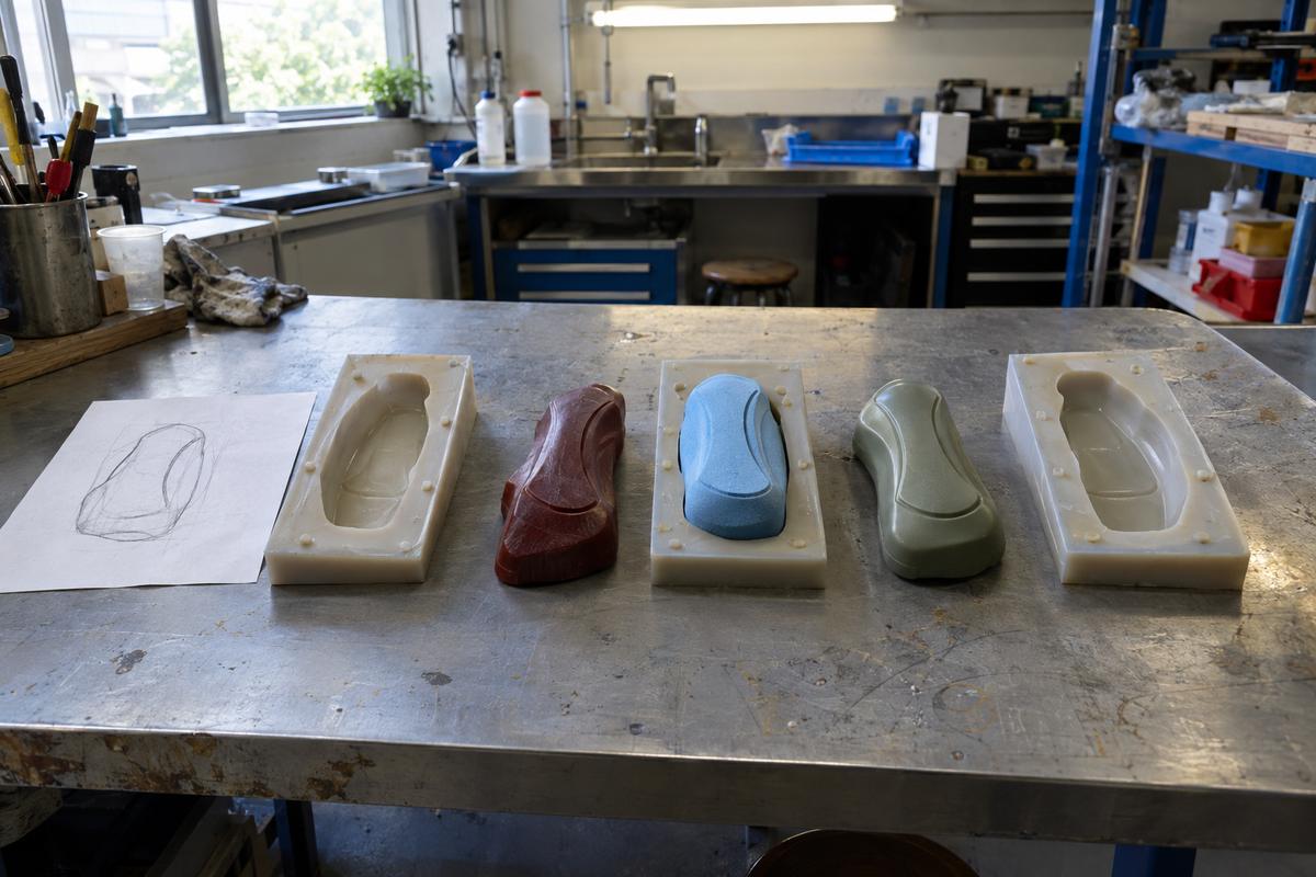 Sketches, samples and proof cavities used to create bespoke moulds