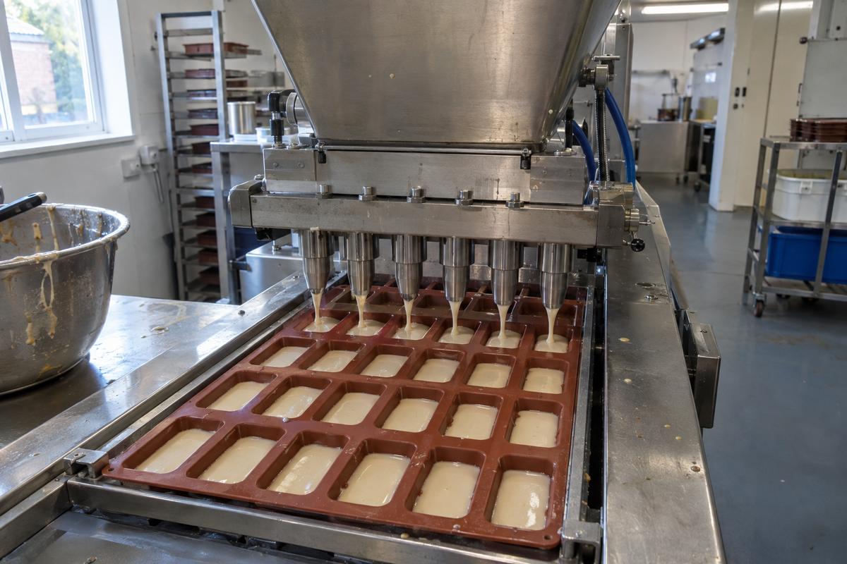 Silicone depositor tray aligned exactly beneath multiple filling nozzles