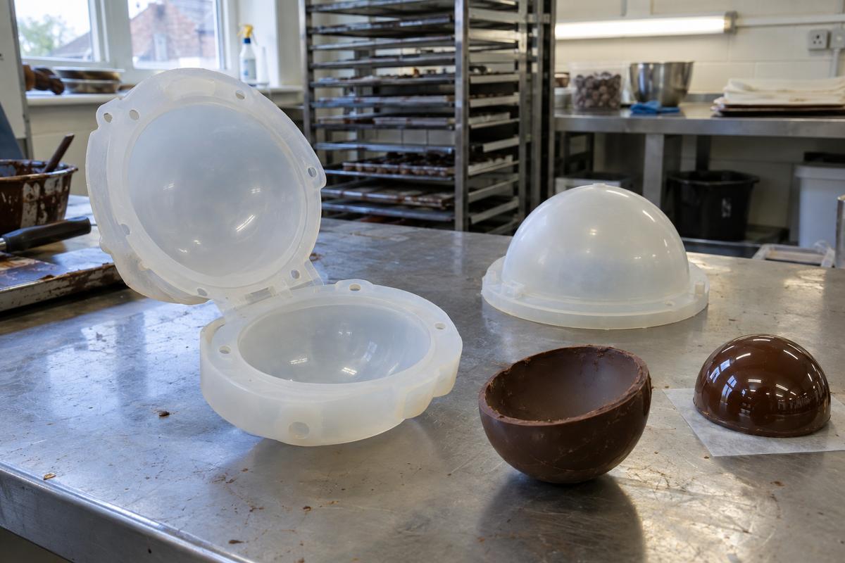 Two-part sphere mould and one-piece dome mould on pastry bench