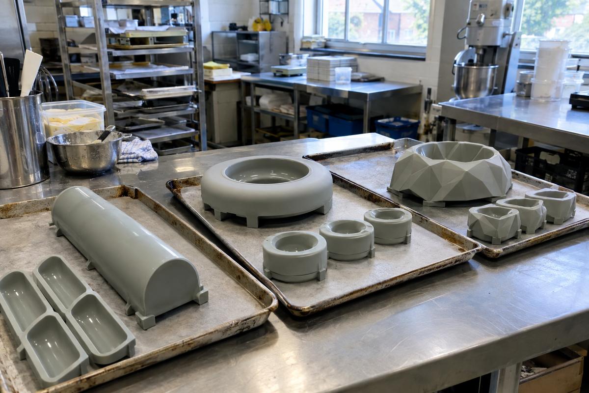 Silicone entremet moulds with matching insert moulds on sheet pans