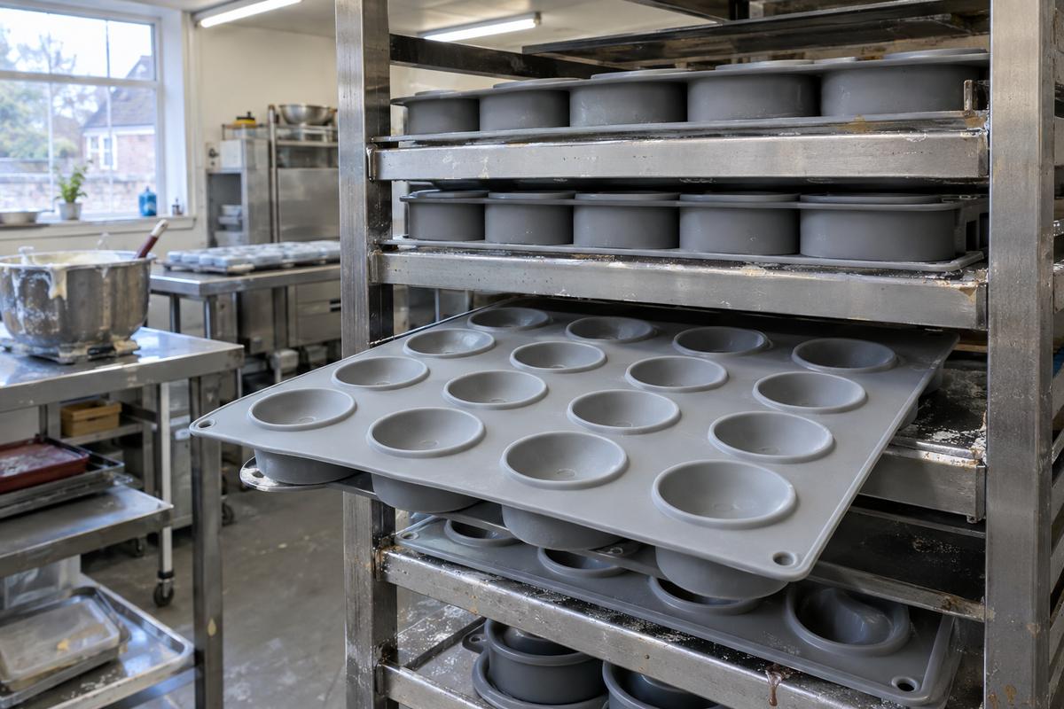 Identical silicone entremet trays stacked for repeat production
