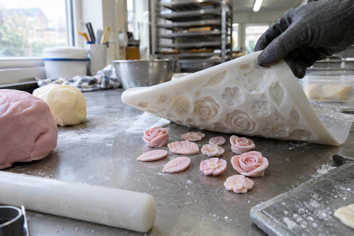 Flexible silicone press mould releasing fondant decorations cleanly