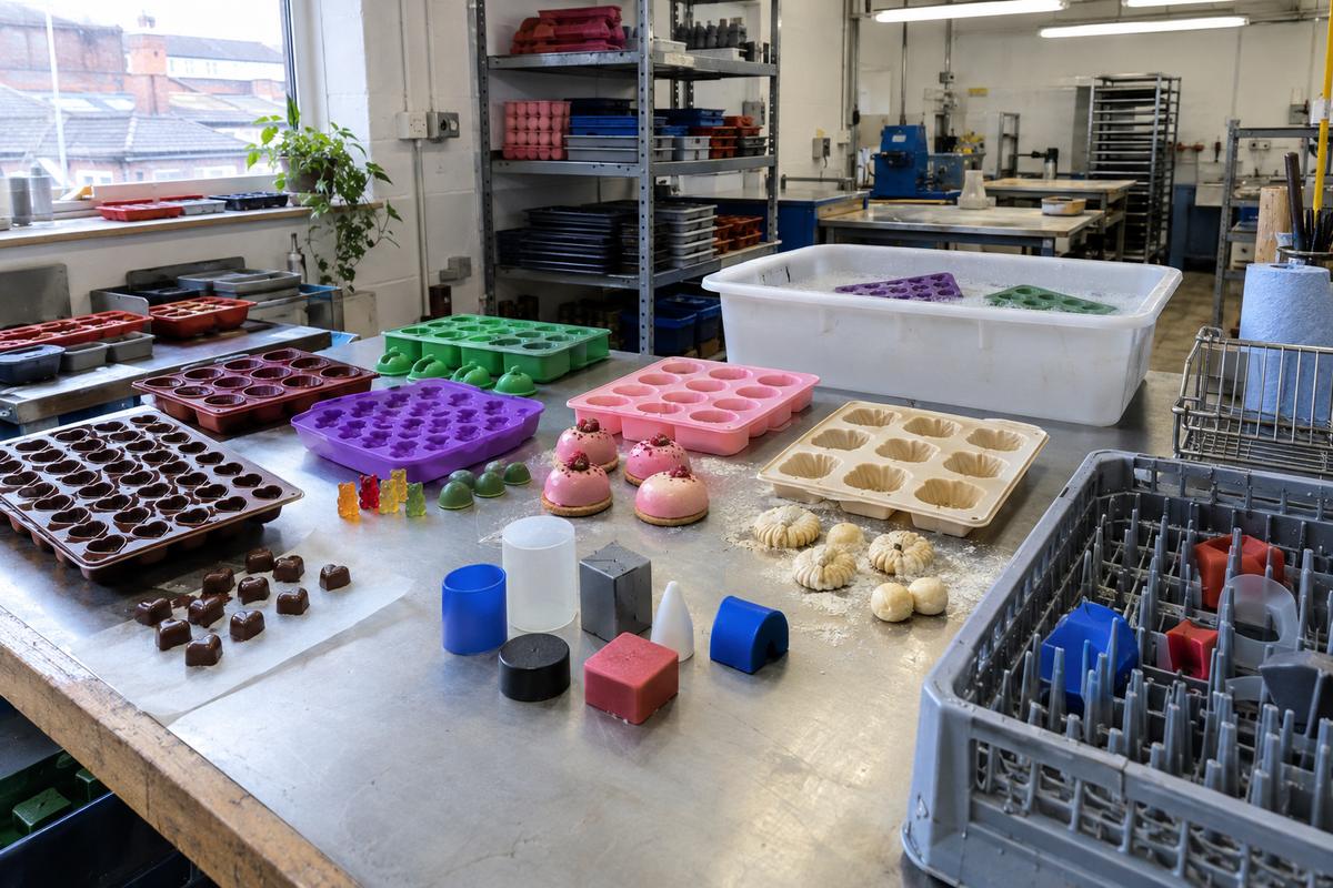 Different food moulds and silicone samples arranged for material selection