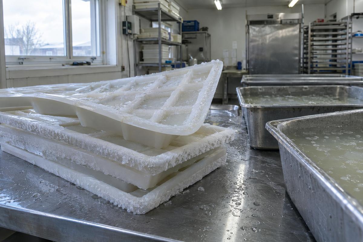 Flexible silicone trays beside brine tubs in a chilled room