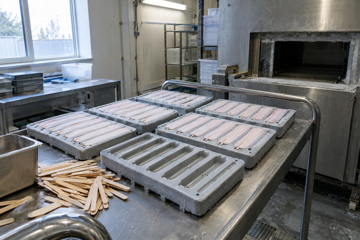 Matching stick-bar trays beside frozen production equipment