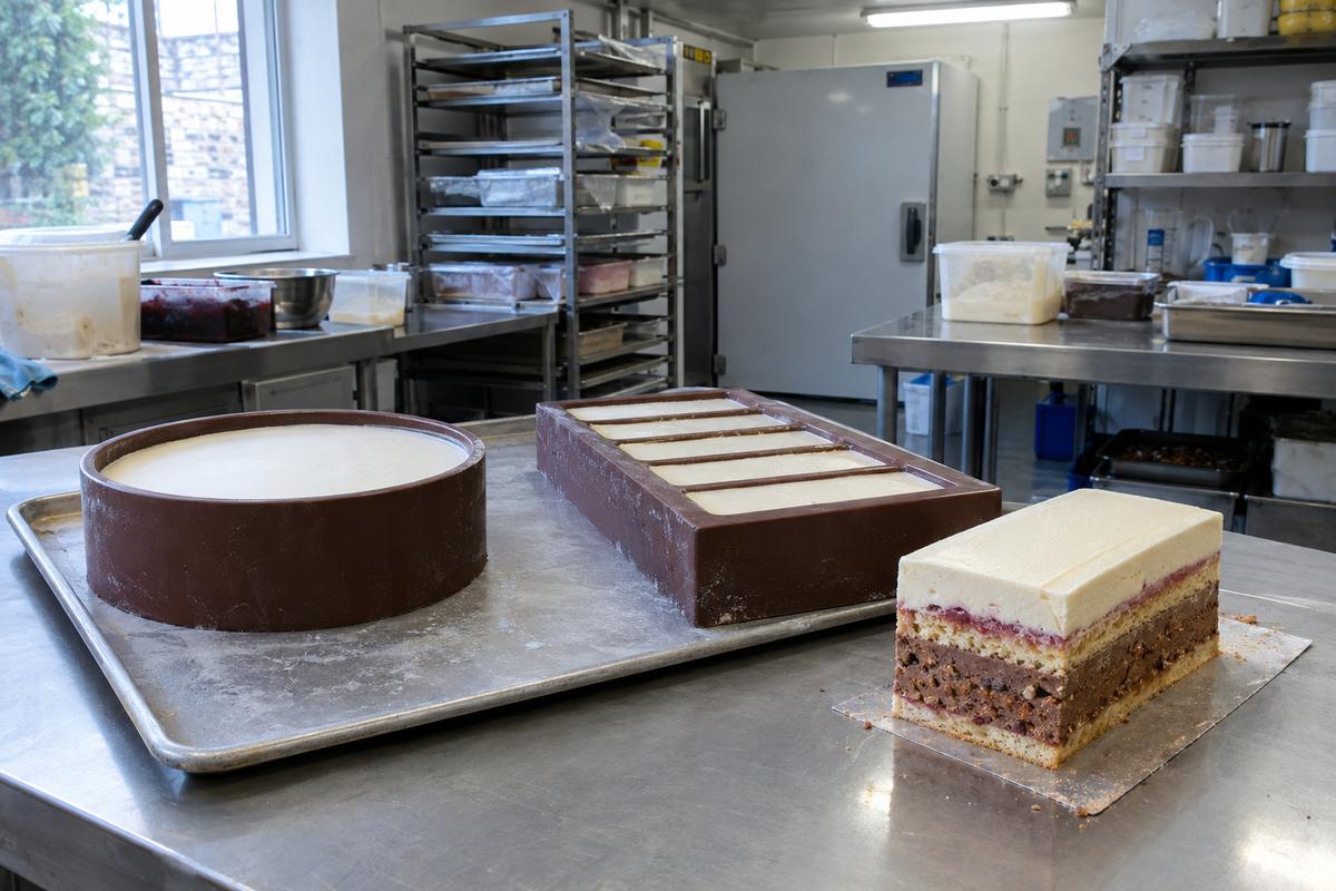 Gelato cake mould and torte tray with layered cake