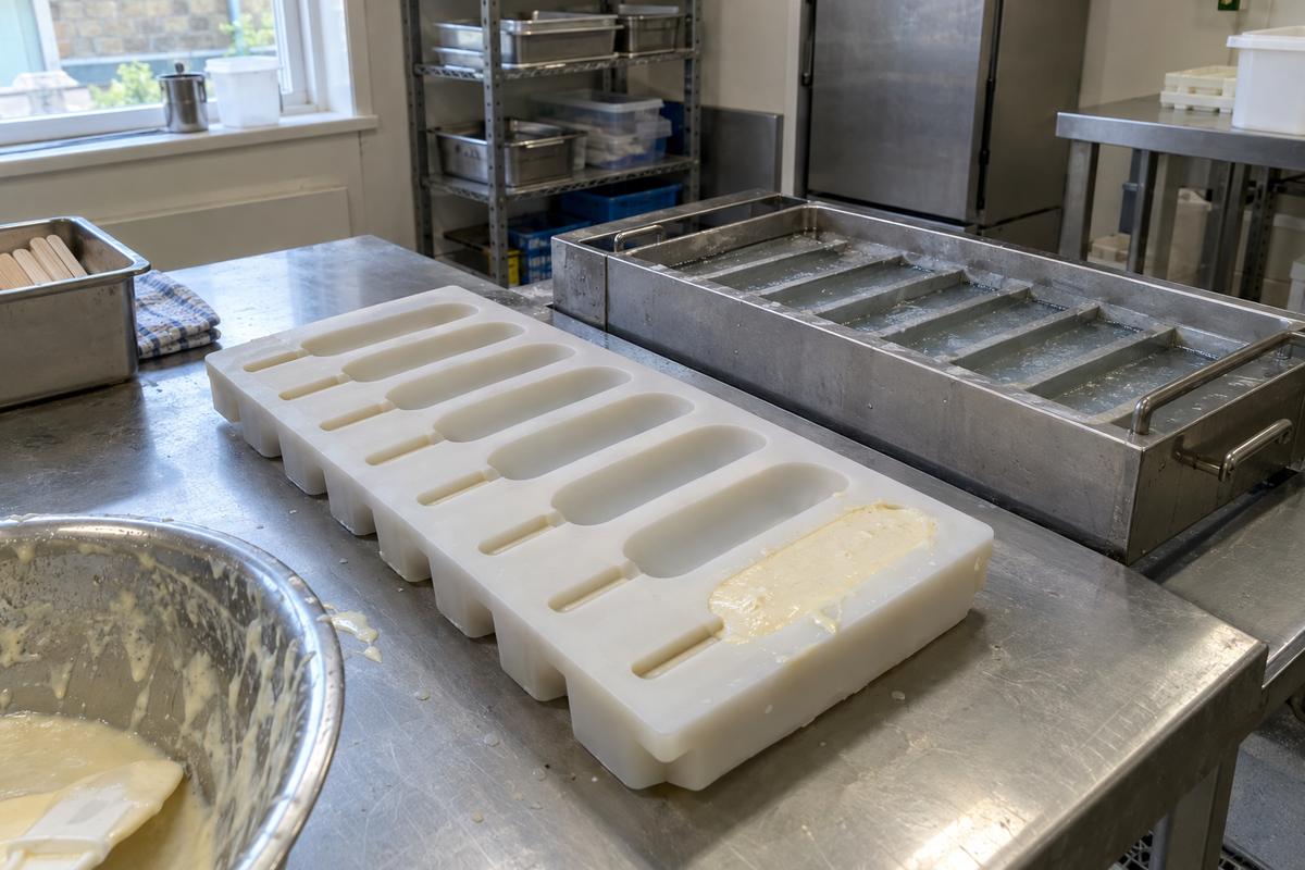 Multi-cavity silicone gelato stick-bar tray with shaped stick channels beside metal carrier