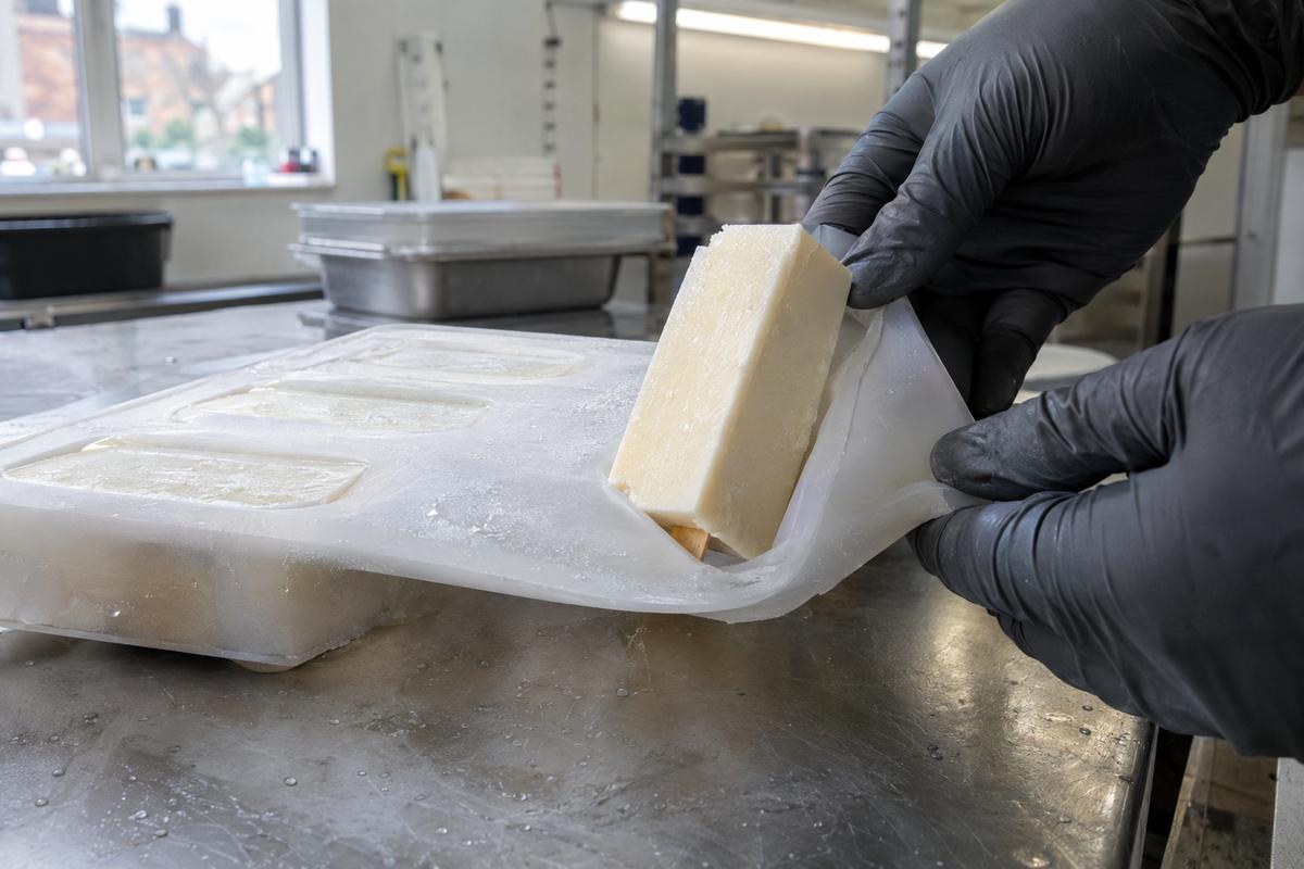 Dense gelato bar releasing cleanly from flexible silicone cavity without torn corners