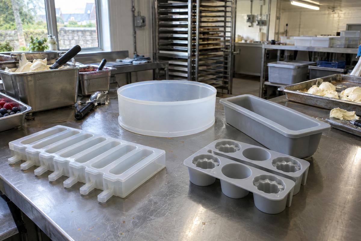 Different silicone mould types for gelato bars, cakes, loaves and single servings