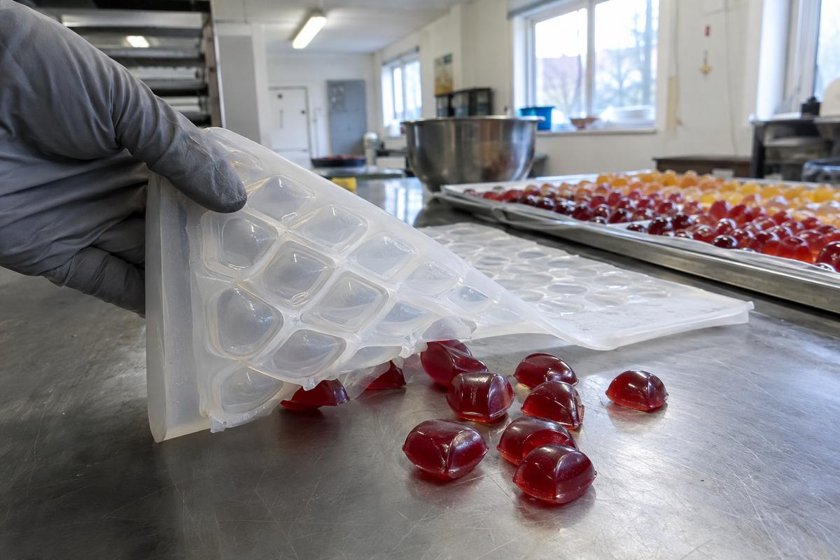 Soft gummies releasing intact from flexible silicone cavities with rounded detailed shapes