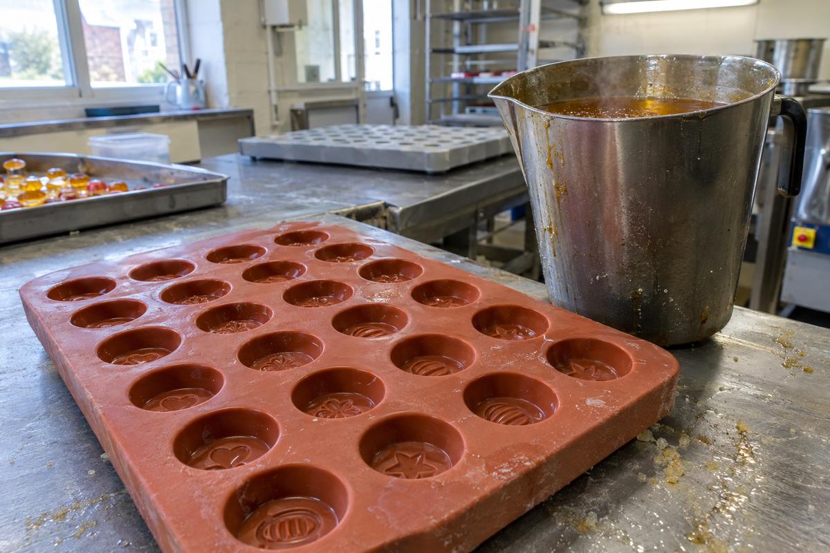 High-temperature silicone candy mould with recessed cavity details beside hot sugar syrup