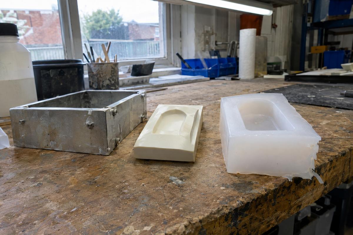 Single hand-poured silicone proof mould beside master pattern on workshop bench