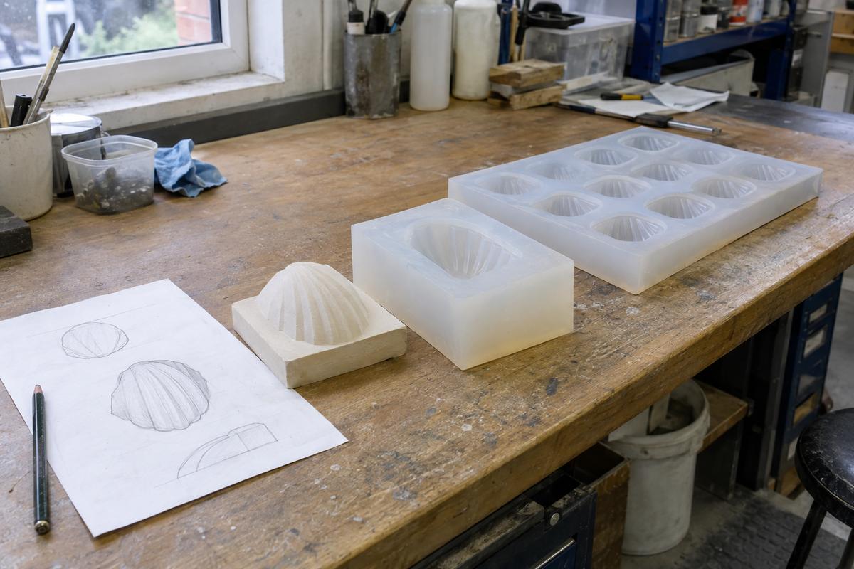 Drawing, master, proof cavity and finished silicone tray shown in sequence