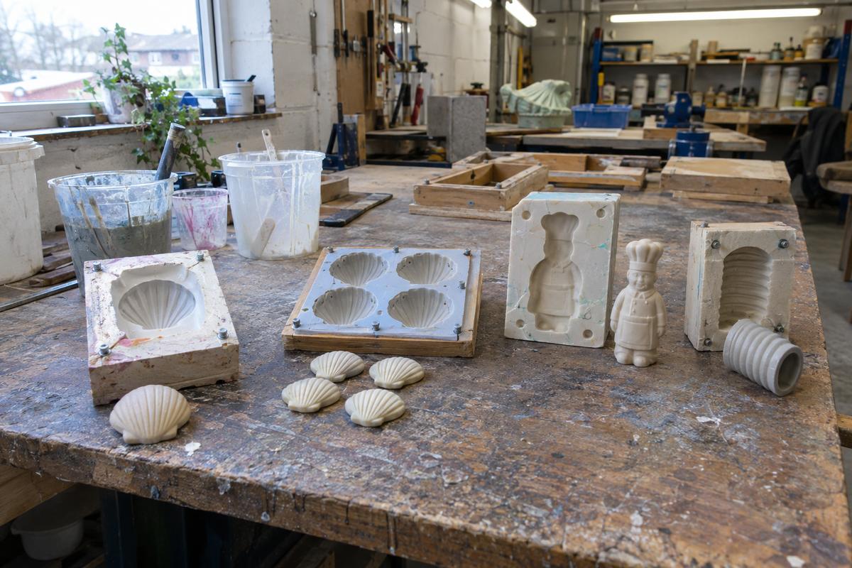 Bench with prototype, artisan tray and one-off hand-poured food mould examples