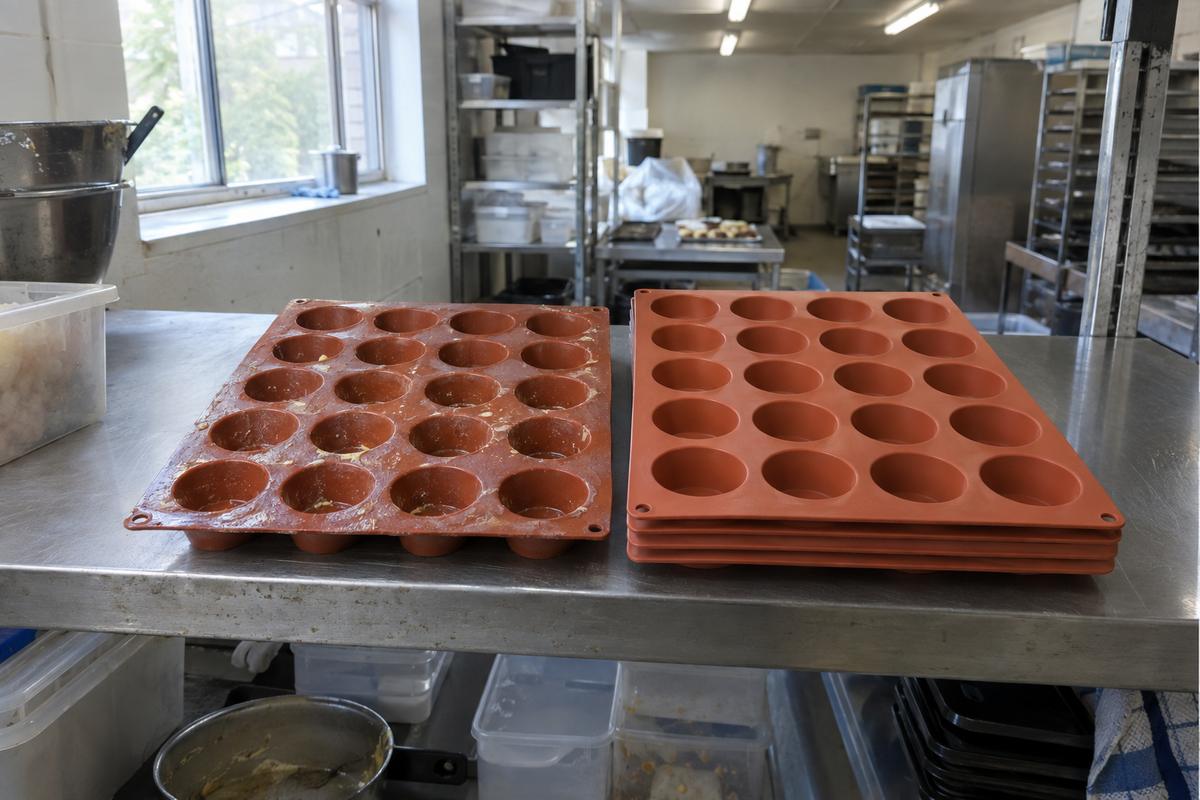 Matched silicone production tray and clean held spare stored side by side