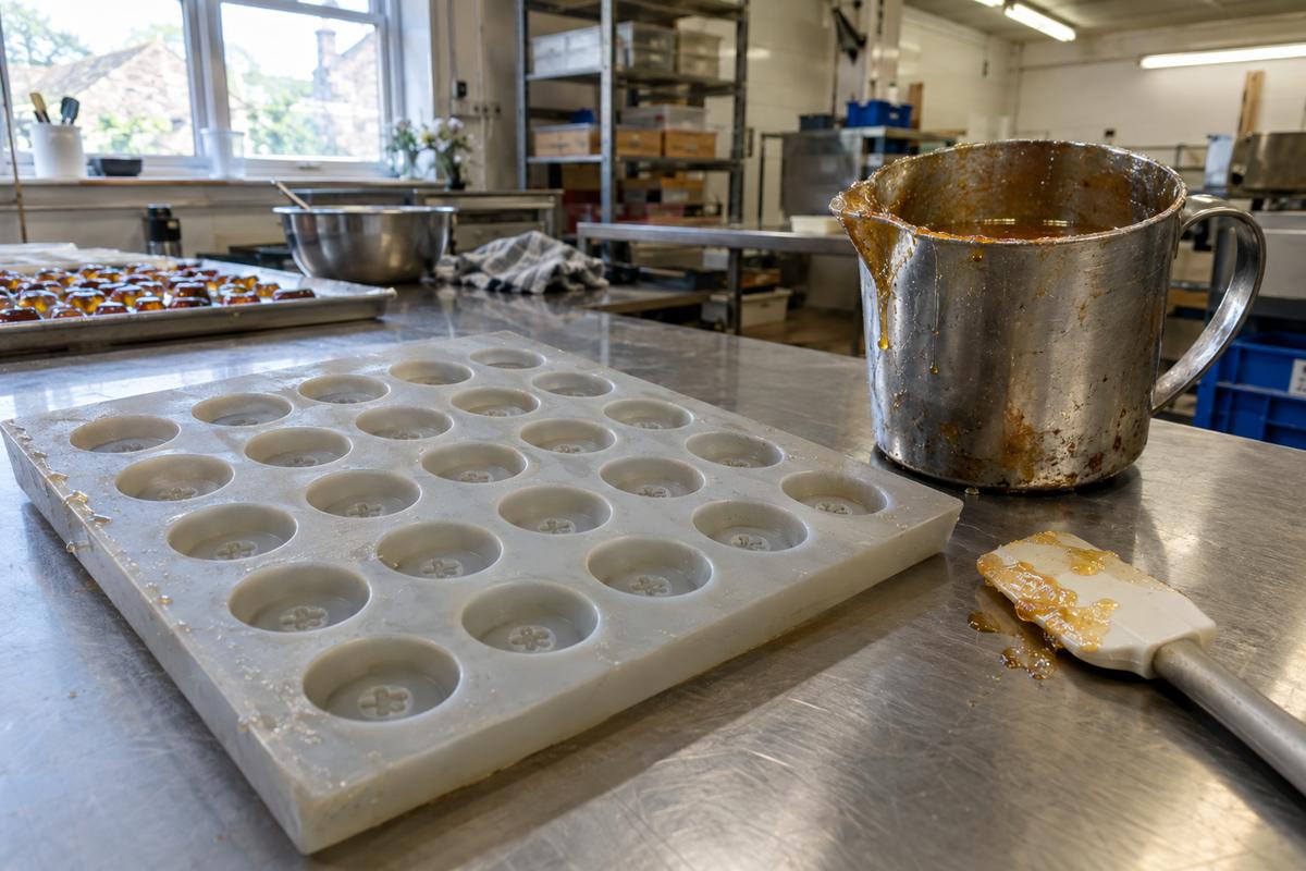 Food-grade silicone sweet mould with recessed cavity marks beside hot sugar