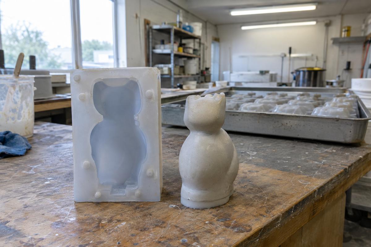 Single proof cavity mould beside master pattern on workshop bench