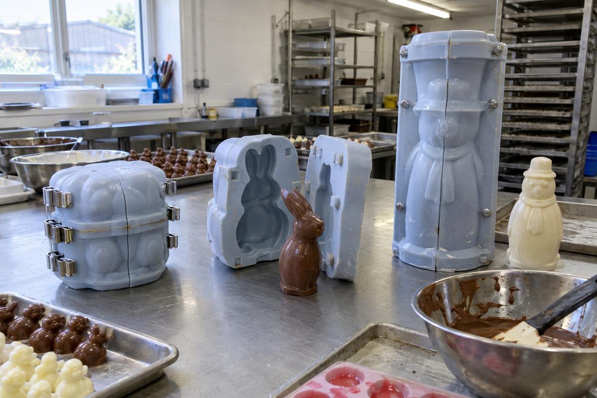 Several hollow figure silicone moulds showing closed halves and keyed registration