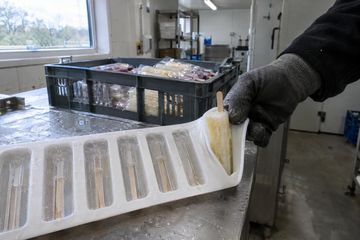 Gloved hand releasing a frozen lolly from silicone mould