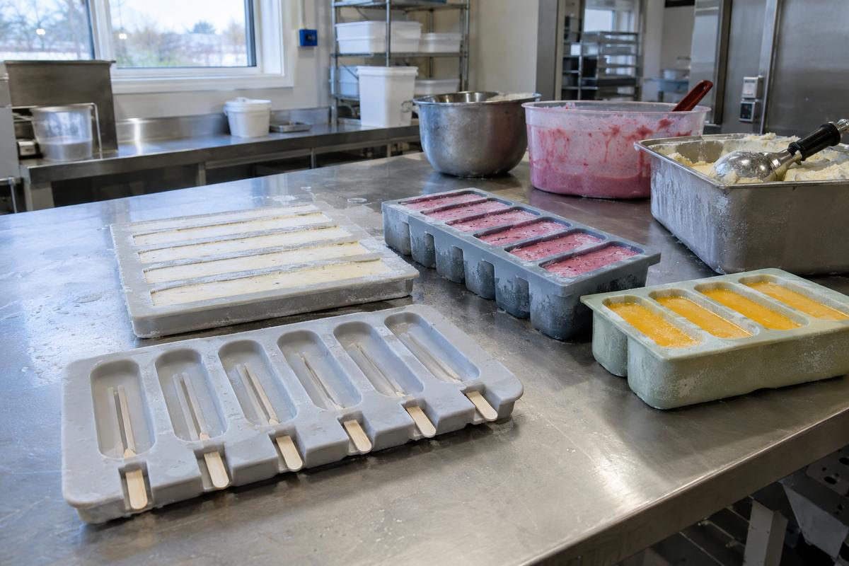 Ice-cream, lolly and sandwich silicone mould formats on chilled bench
