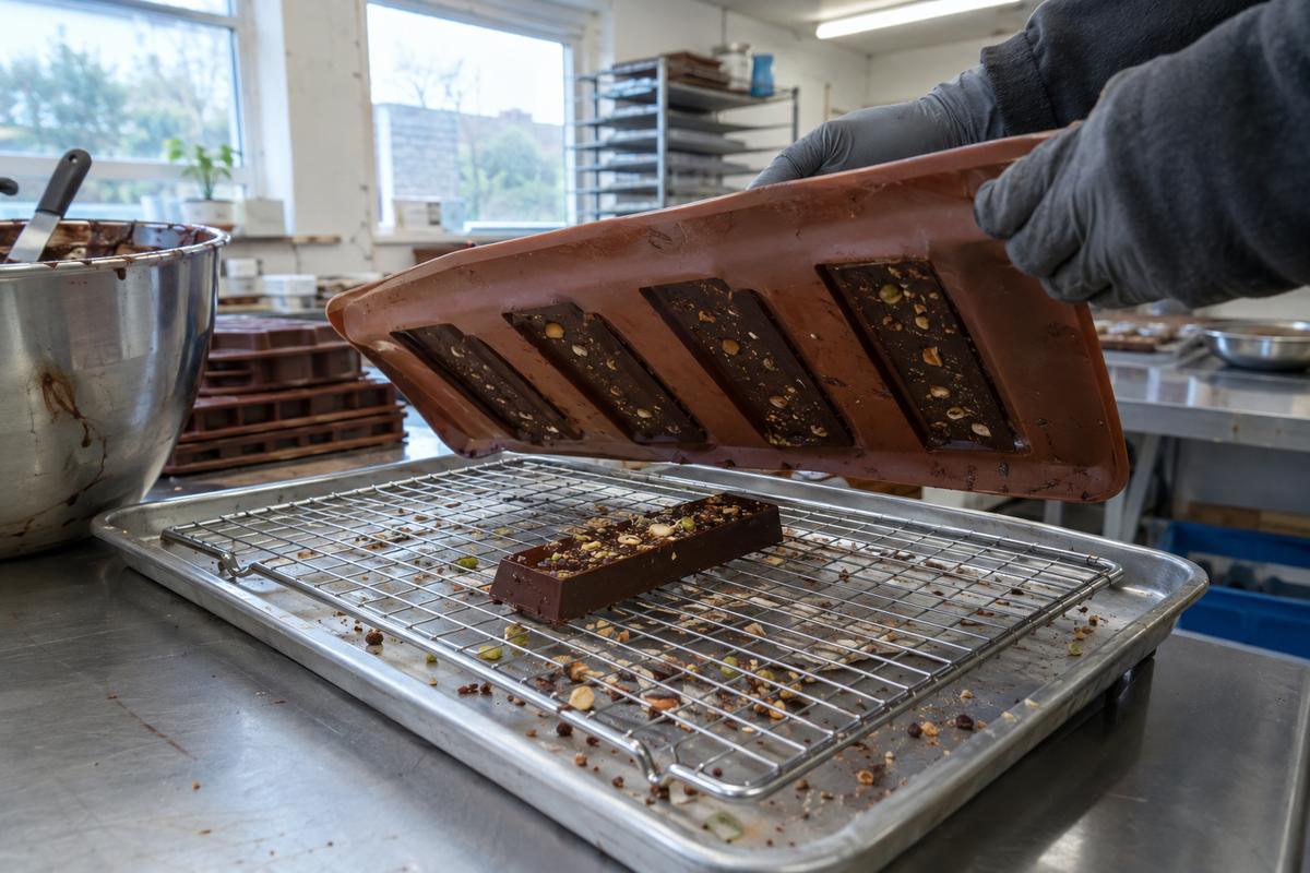 Silicone inclusion bar mould inverted after clean chocolate release