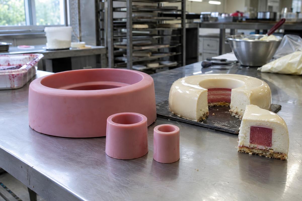 Outer entremet mould with matching insert moulds and cut dessert
