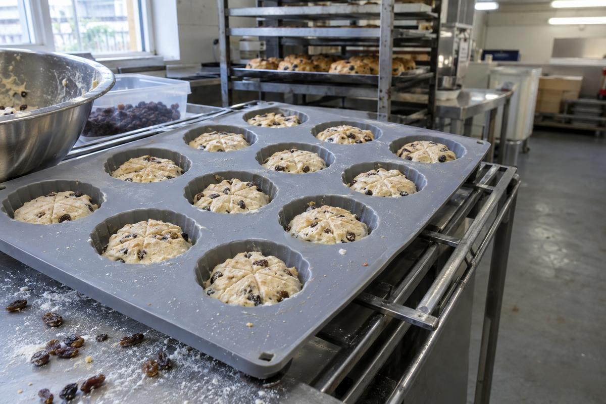 Silicone tea-cake mould tray with scored cavity tops on rack