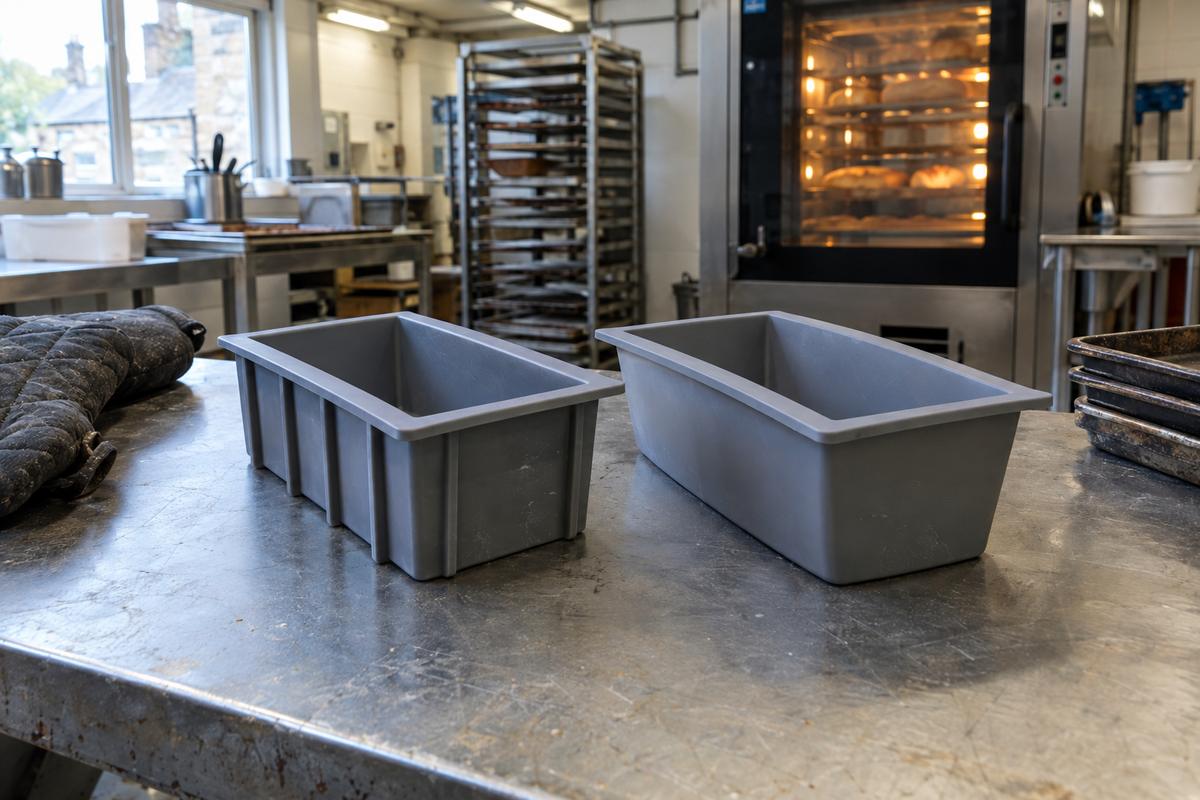 Silicone loaf moulds showing straight reinforced sides and bowed sides