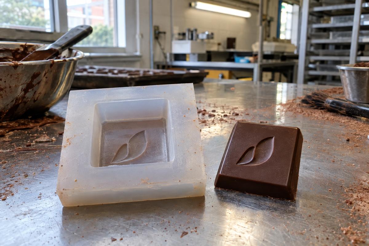 Single chocolate cavity proof with embossed mark and sample piece
