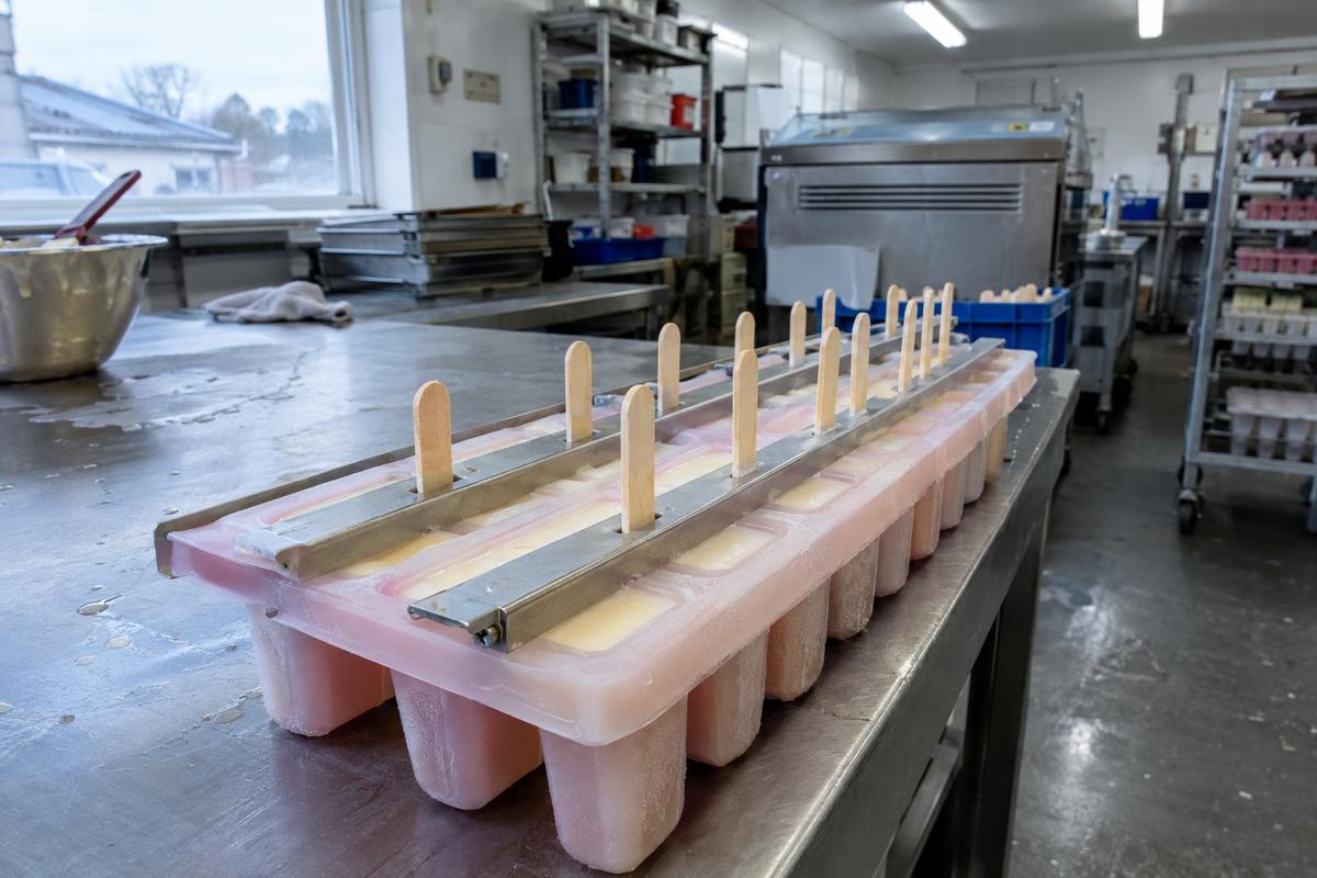 Silicone lolly mould with centred sticks held by guide