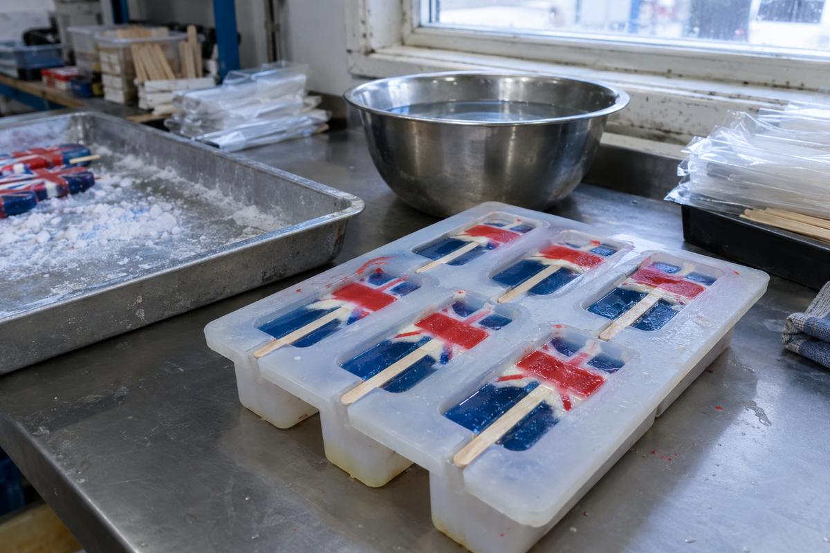 Three-colour lolly mould with centred wooden sticks in a cold room