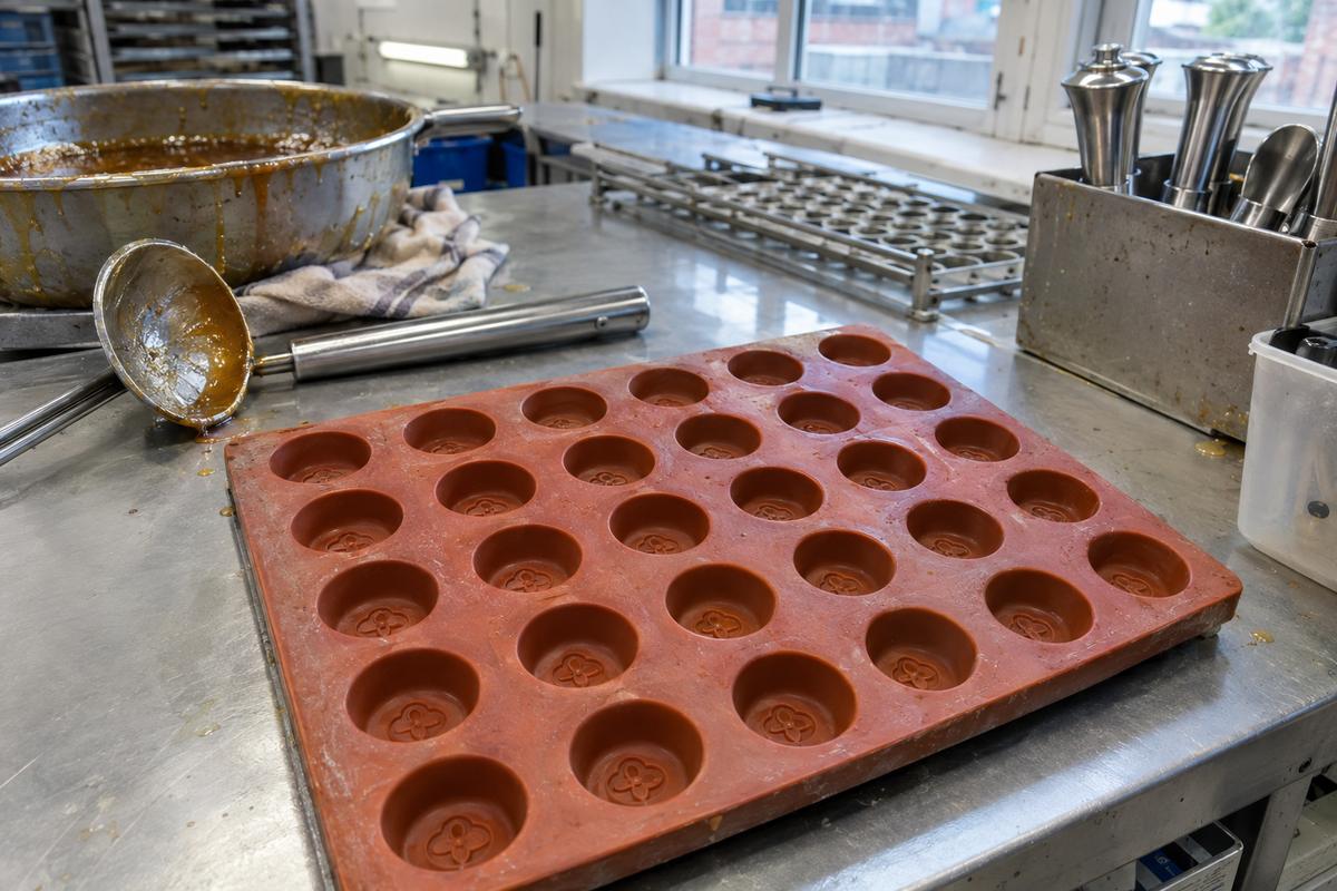 Food-grade silicone mould with recessed sweet cavity details on a bench