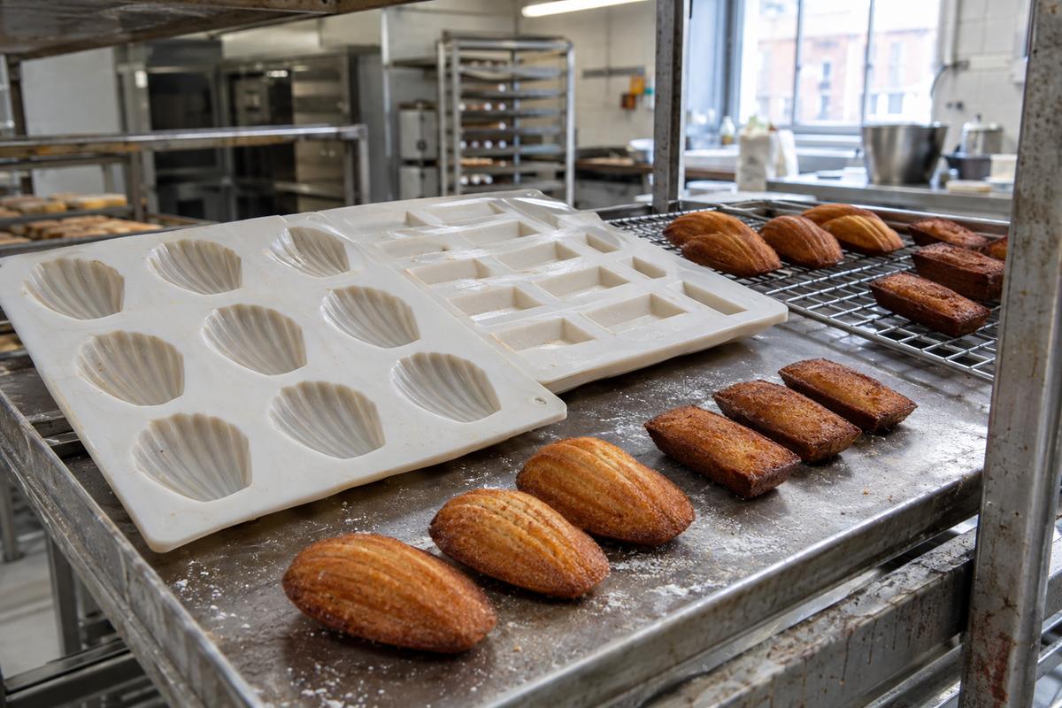 Silicone madeleine and financier trays with baked cakes showing clear relief