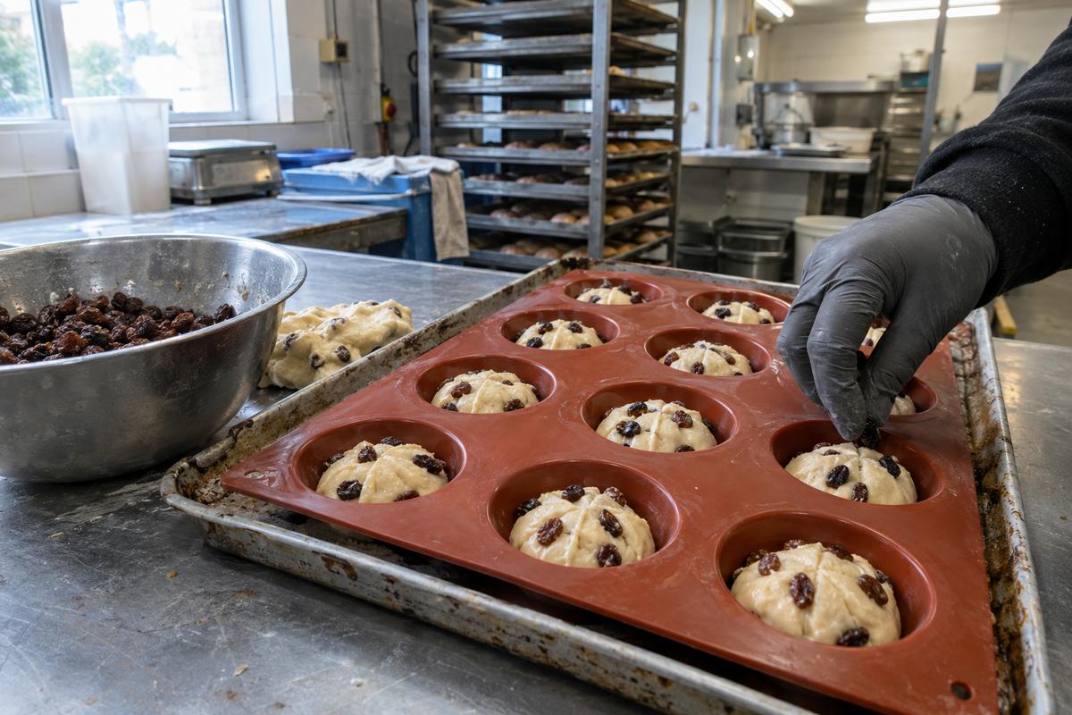 Custom tea-cake silicone mould with scored cavity tops for even raisin placement