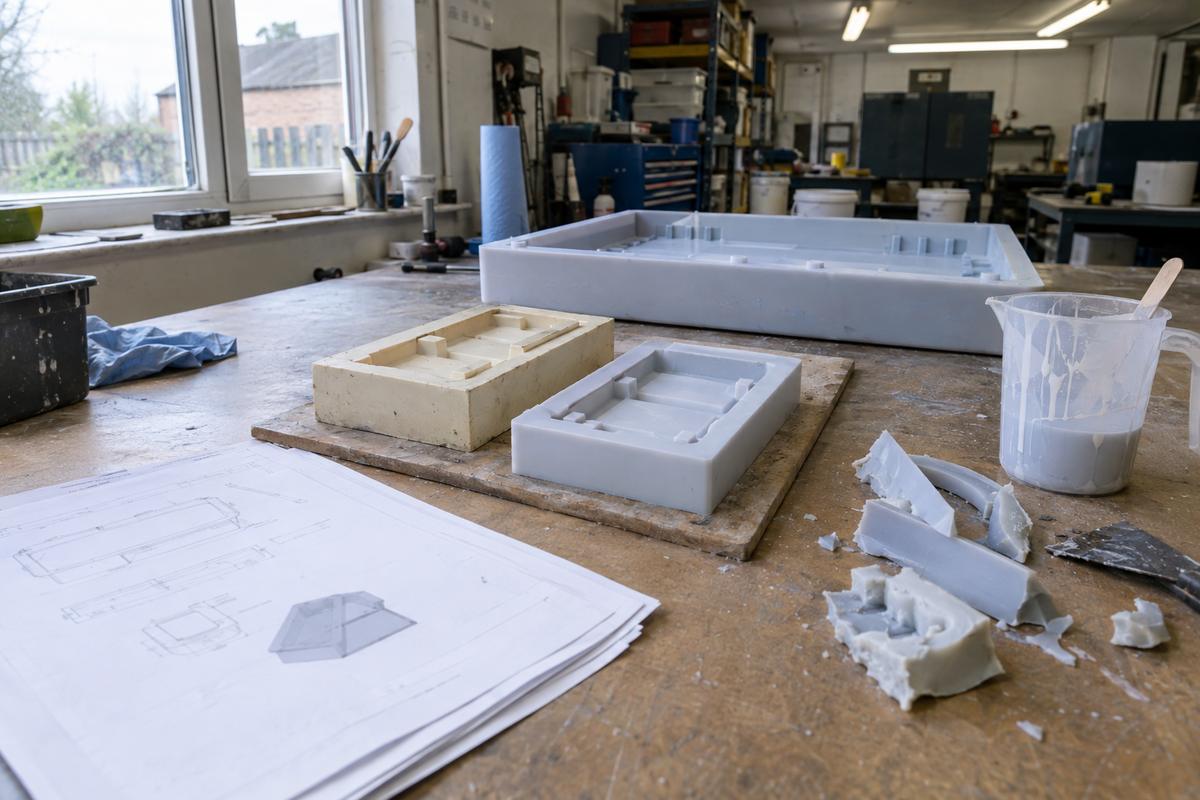 Proof silicone cavity beside master pattern and completed tray on workshop bench