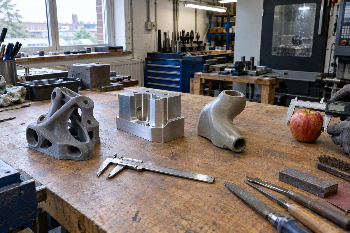 Workbench showing printed, machined, hand-finished and copied master pattern examples